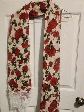 Betsey Johnson Red Rose Print Scarf with Cream Base